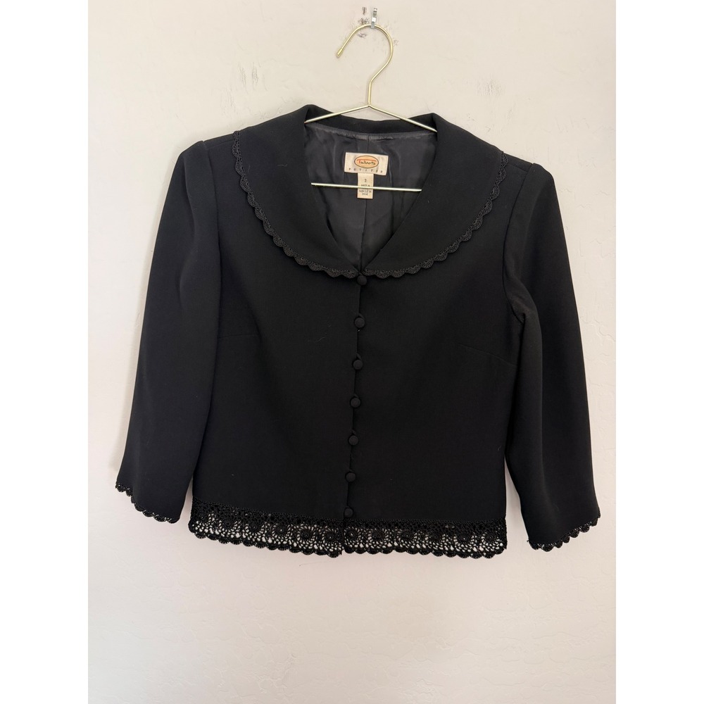 Talbots Petites Black Cropped Victorian Blazer Lace Trim Peter Pan Collar Sz 2P